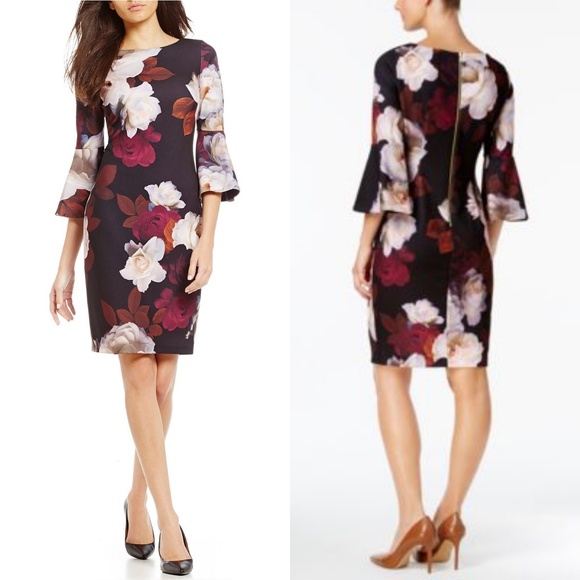 calvin klein floral bell sleeve sheath dress